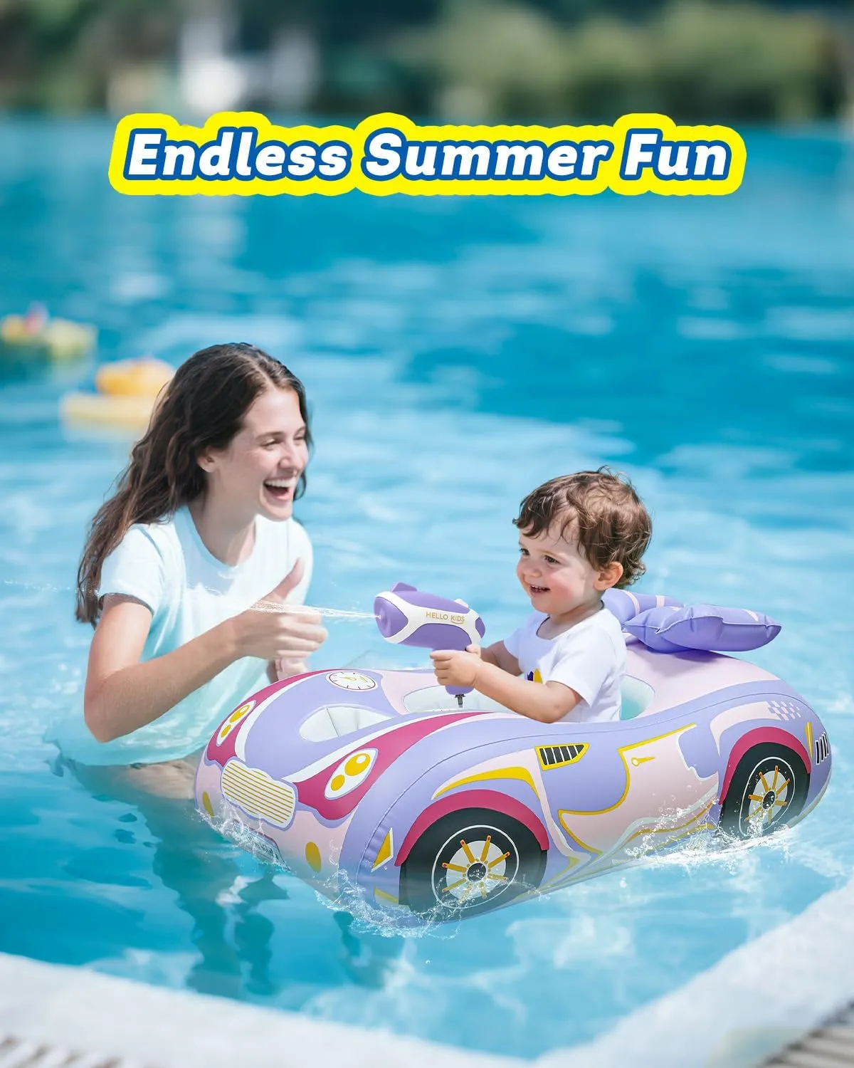 Automatic Water Gun with Baby Pool Float, Inflatable Car Toddler Pool Swimming Float, Pool Toys for 1-4 Years Old Girls Boys Kids Purple-1pack