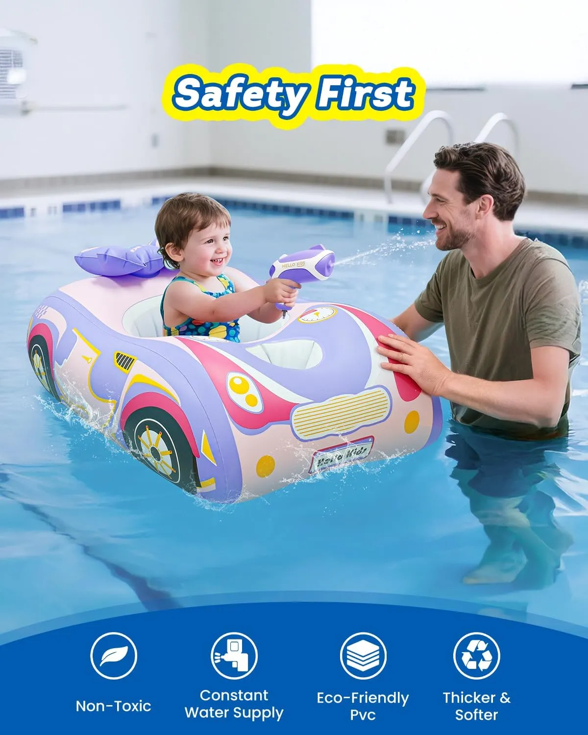 Automatic Water Gun with Baby Pool Float, Inflatable Car Toddler Pool Swimming Float, Pool Toys for 1-4 Years Old Girls Boys Kids Purple-1pack