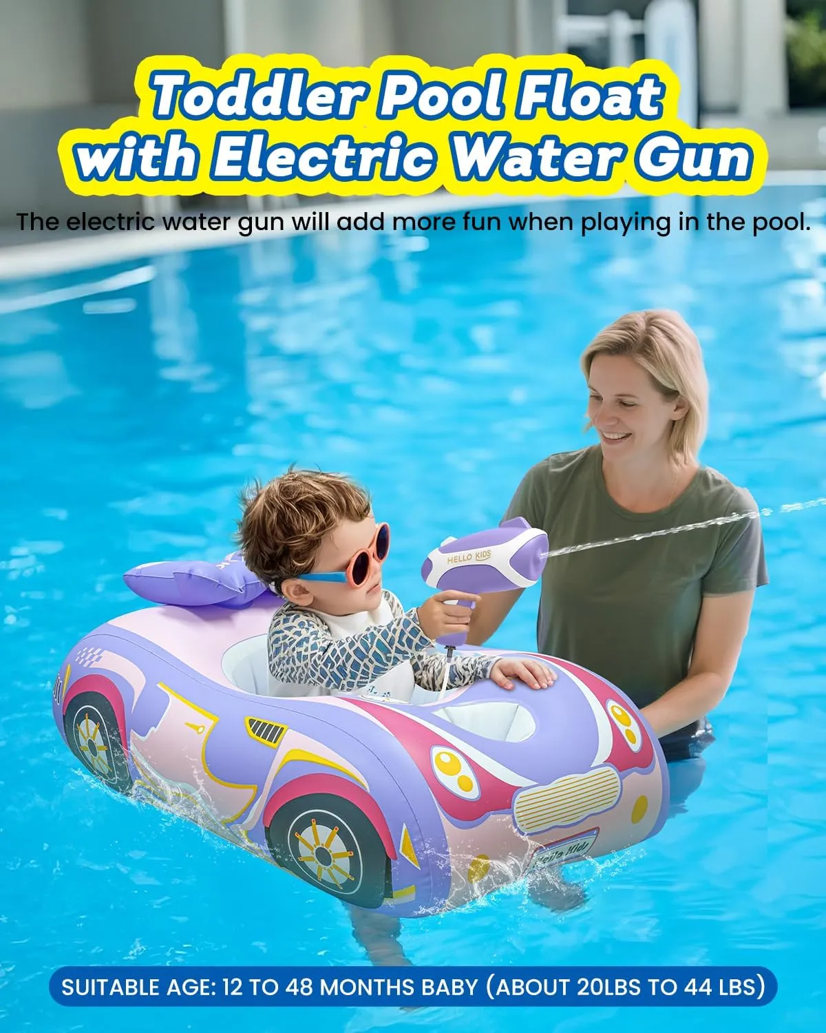 Automatic Water Gun with Baby Pool Float, Inflatable Car Toddler Pool Swimming Float, Pool Toys for 1-4 Years Old Girls Boys Kids Purple-1pack
