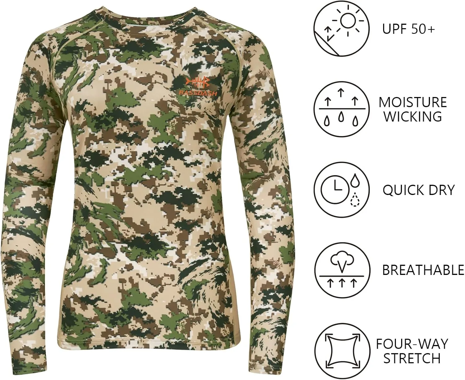 BASSDASH Women’s Camo Hunting Shirt Long Sleeve UPF 50  Sun Protection Performance Tee Fishing Hiking