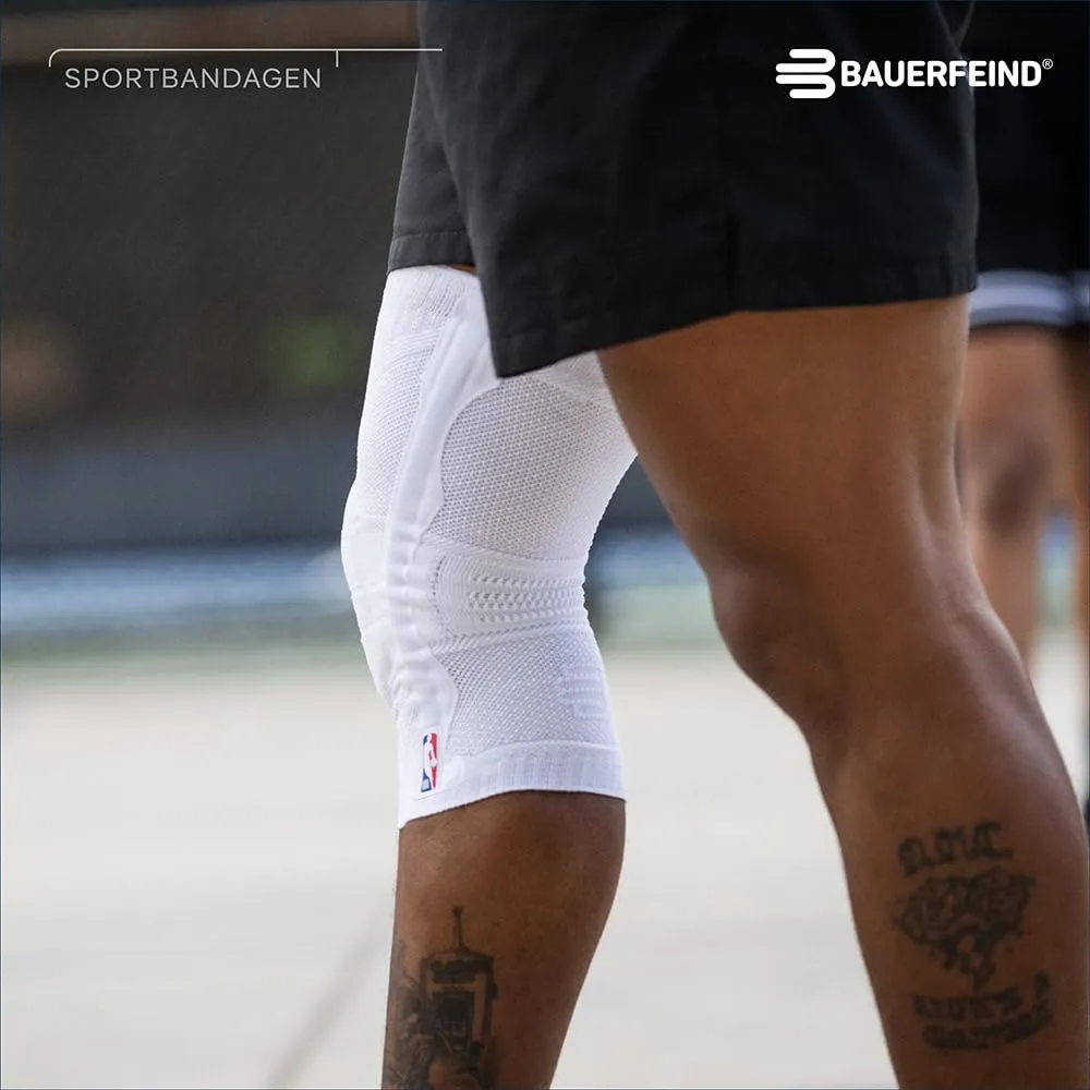 Bauerfeind Sports Knee Support NBA - Officially Licensed Basketball Brace with Medical Compression - Sleeve Design with Omega Gel Pad for Pain Relief & Stabilization (White, XXL)