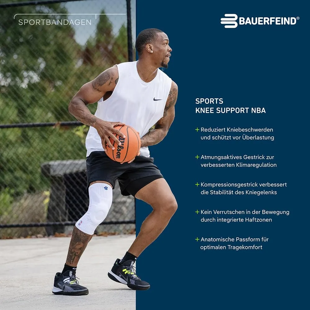 Bauerfeind Sports Knee Support NBA - Officially Licensed Basketball Brace with Medical Compression - Sleeve Design with Omega Gel Pad for Pain Relief & Stabilization (White, XXL)