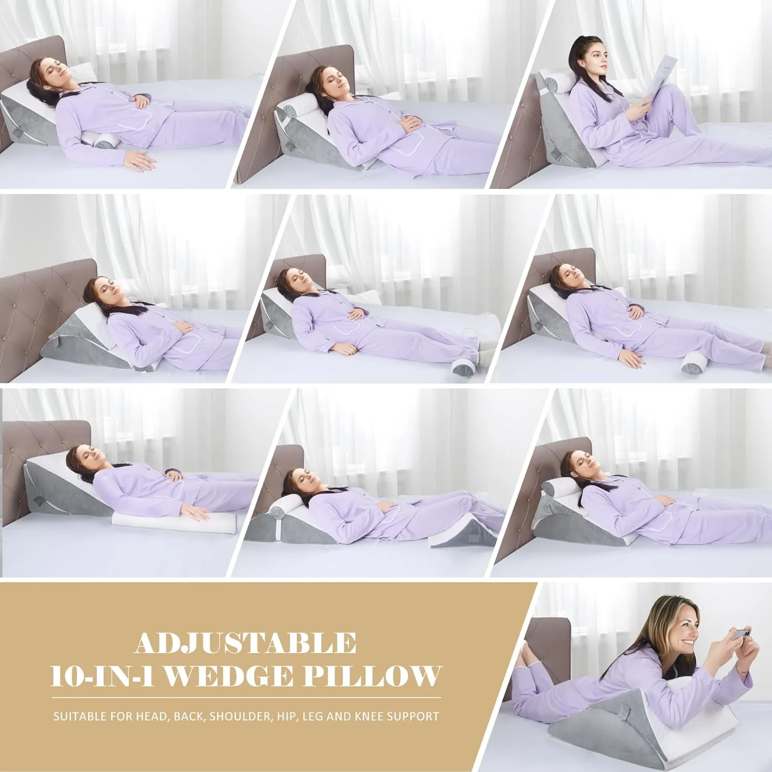 Bed Wedge Pillow for Sleeping, Adjustable Wedge Pillow Set for After Surgery, Elevated Triangle Pillow for Back Pain Relief, Acid Reflux, Leg Support, White/Gray
