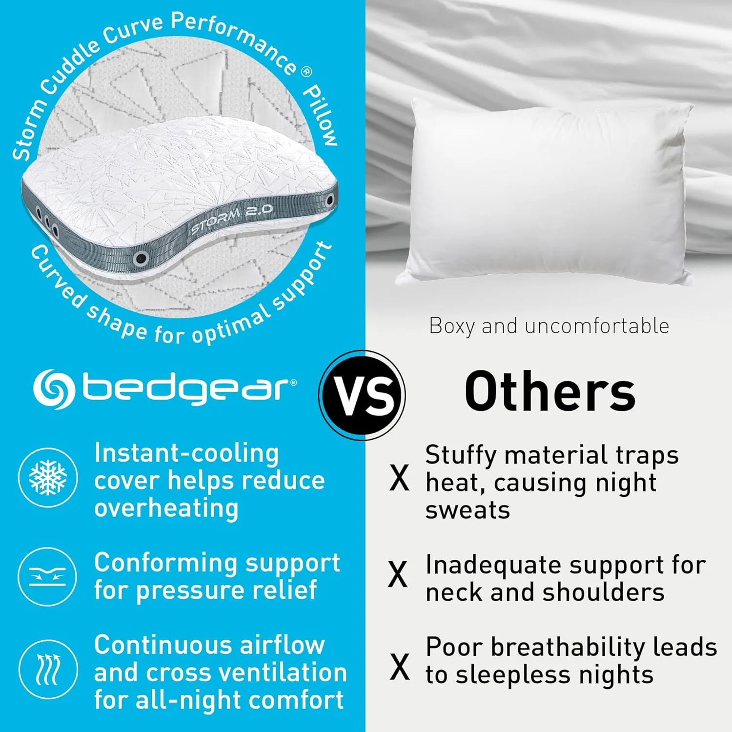 Bedgear Storm Cuddle Curve Performance Pillow - Size 2.0 - Cooling Bed Pillow for Side Sleepers - Medium Firmness- Washable and Removable Cover - 20" W x 26" L