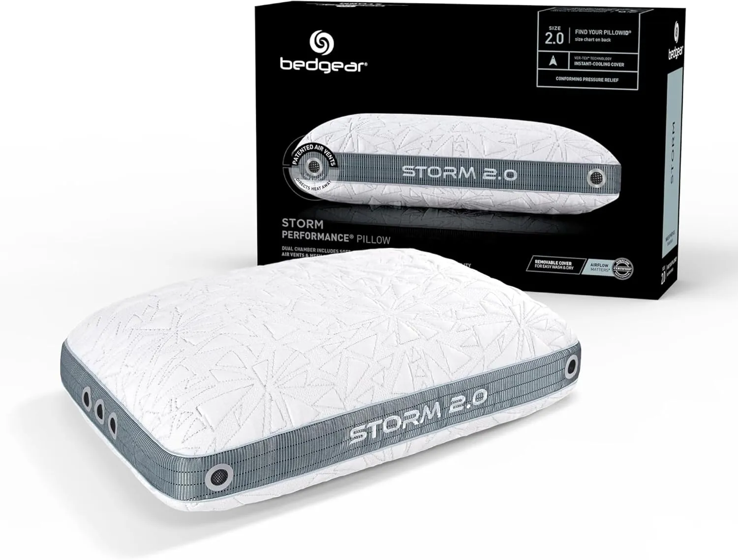 Bedgear Storm Performance Pillow – 2.0 - Cooling Bed Pillow for Hot Sleepers - Medium Firmness Pillow for All Sleep Positions, Washable & Removable Cover - 20" W x 26" L x 5.75" H
