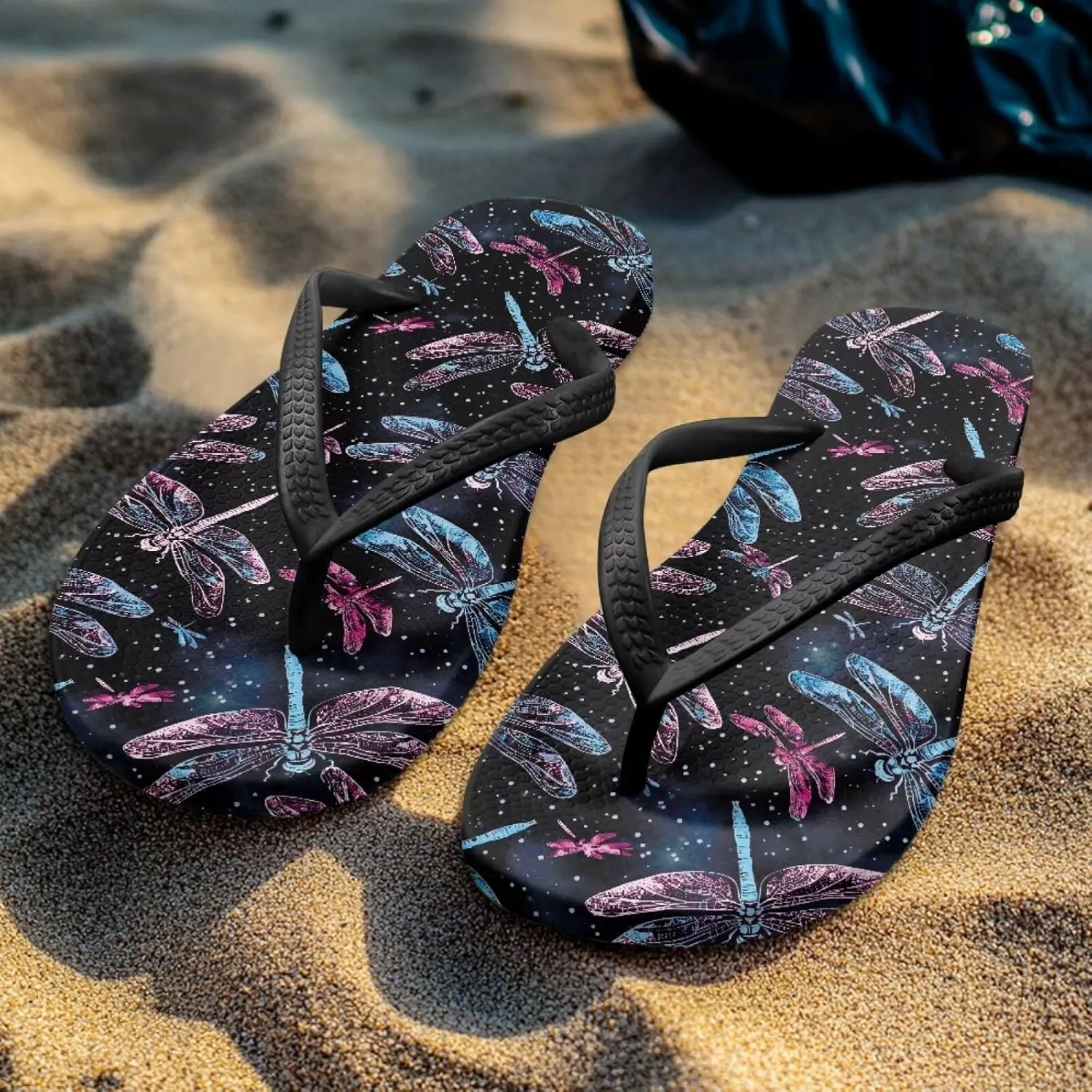 Bee Dragonfly Print Walking Flip Flops Shower Shoes for Women Beach Flat Sandals Thong Slippers