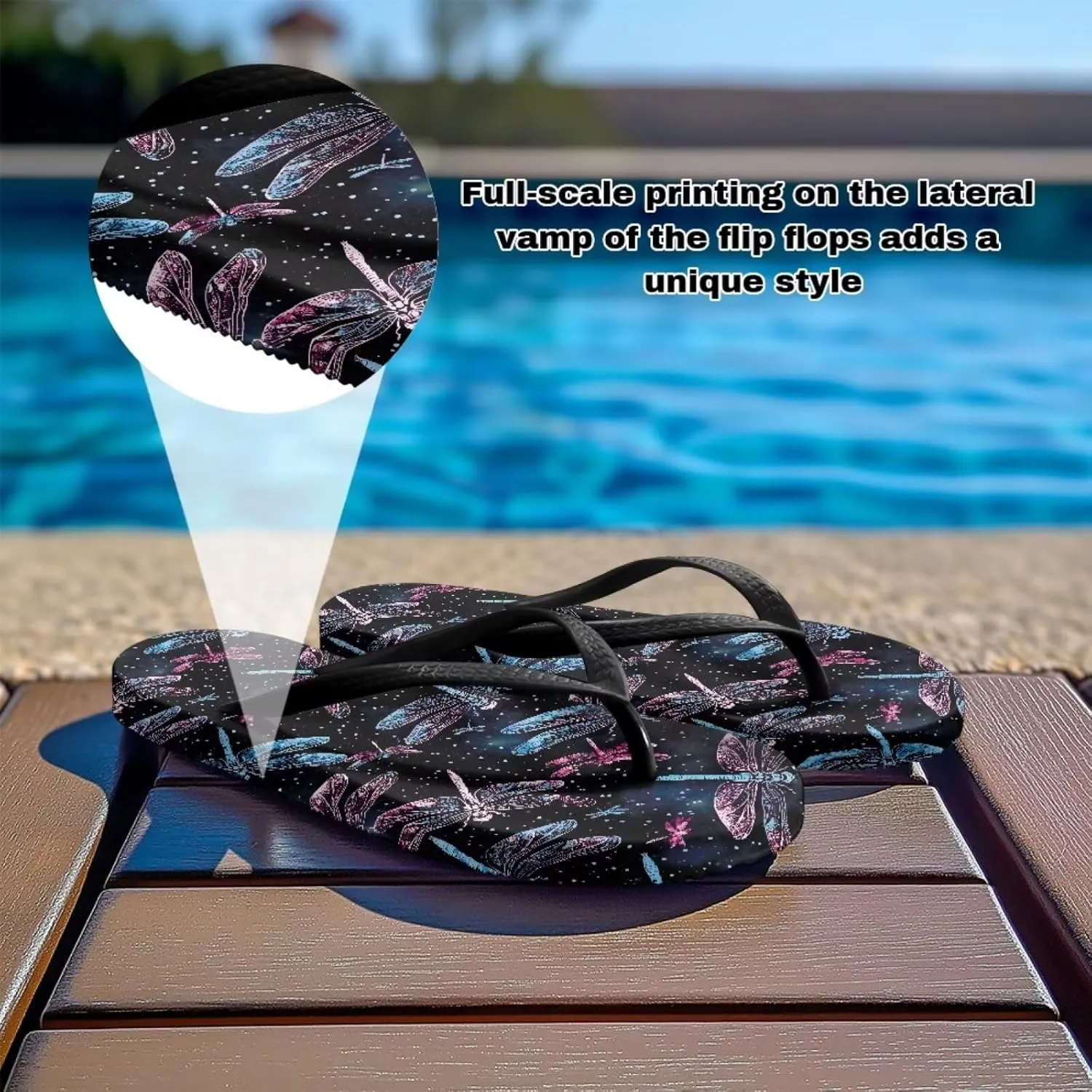 Bee Dragonfly Print Walking Flip Flops Shower Shoes for Women Beach Flat Sandals Thong Slippers