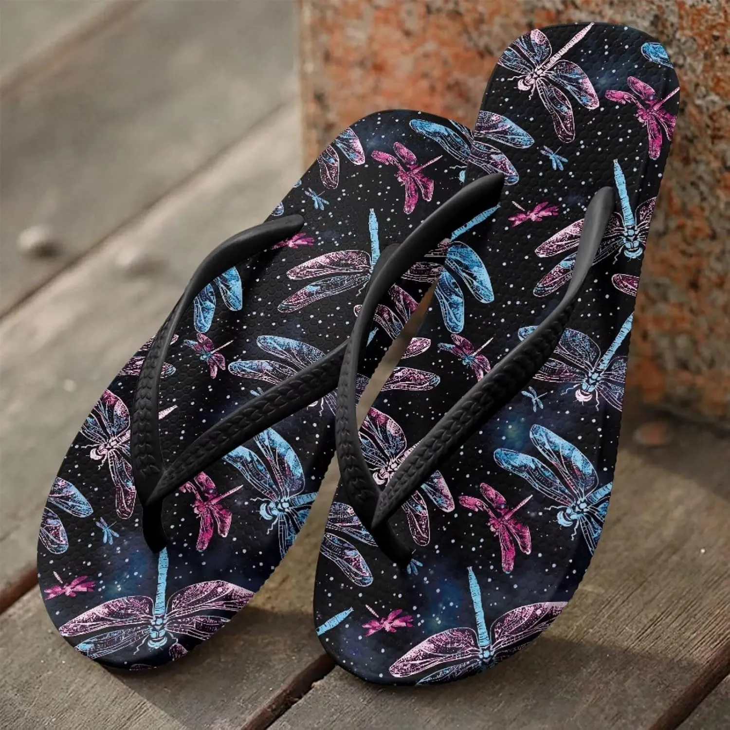Bee Dragonfly Print Walking Flip Flops Shower Shoes for Women Beach Flat Sandals Thong Slippers