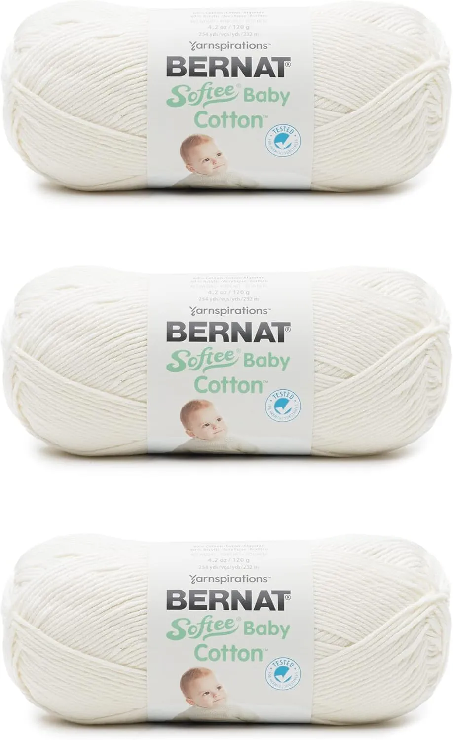 Bernat Softee Baby Cotton Cotton Yarn - 3 Pack of 120g/4.25oz - Blend - 3 DK (Light) - 254 Yards - Knitting/Crochet
