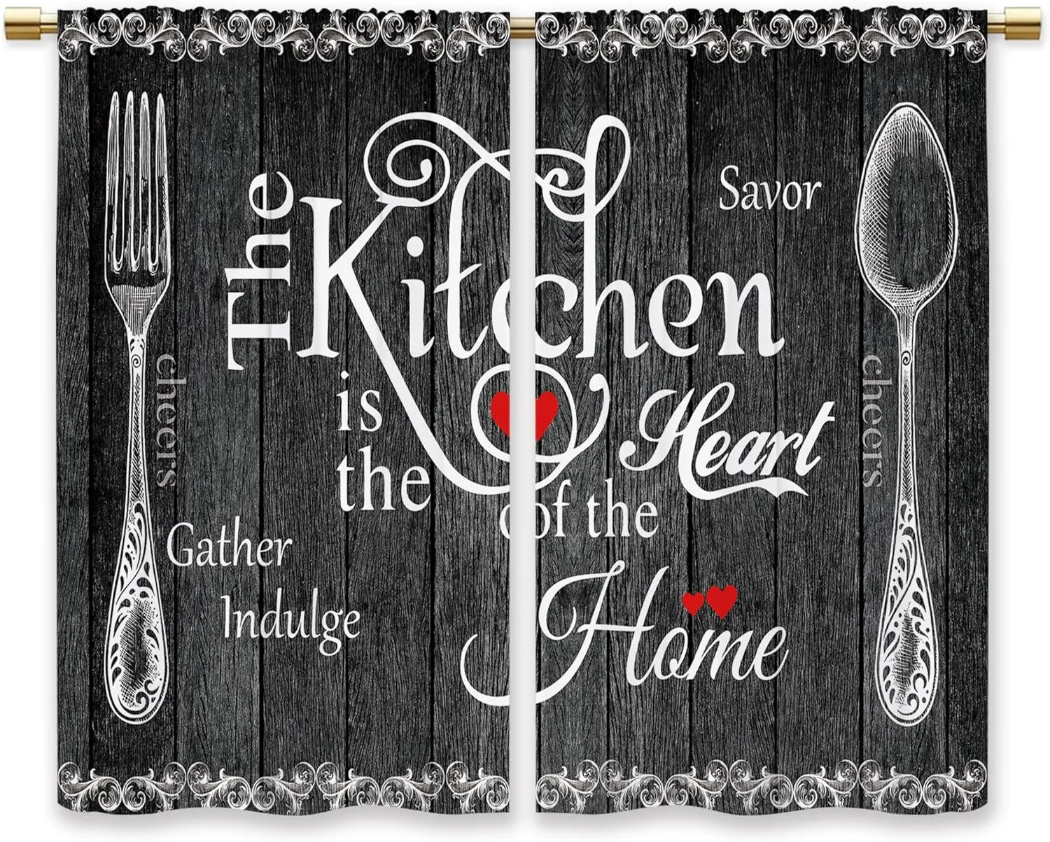 Black Farmhouse Rustic Kitchen Curtains Wooden Wood Small Short Cafe Window Curtains Vintage Fork Spoon RetroBathroom Living Room Bedroom Window Drapes Treatment 2 Panels (26x36 Inch)