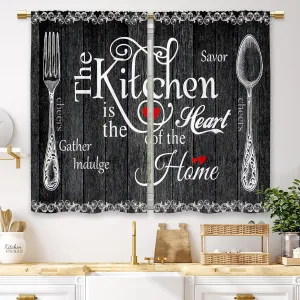 Black Farmhouse Rustic Kitchen Curtains Wooden Wood Small Short Cafe Window Curtains Vintage Fork Spoon RetroBathroom Living Room Bedroom Window Drapes Treatment 2 Panels (26x36 Inch)