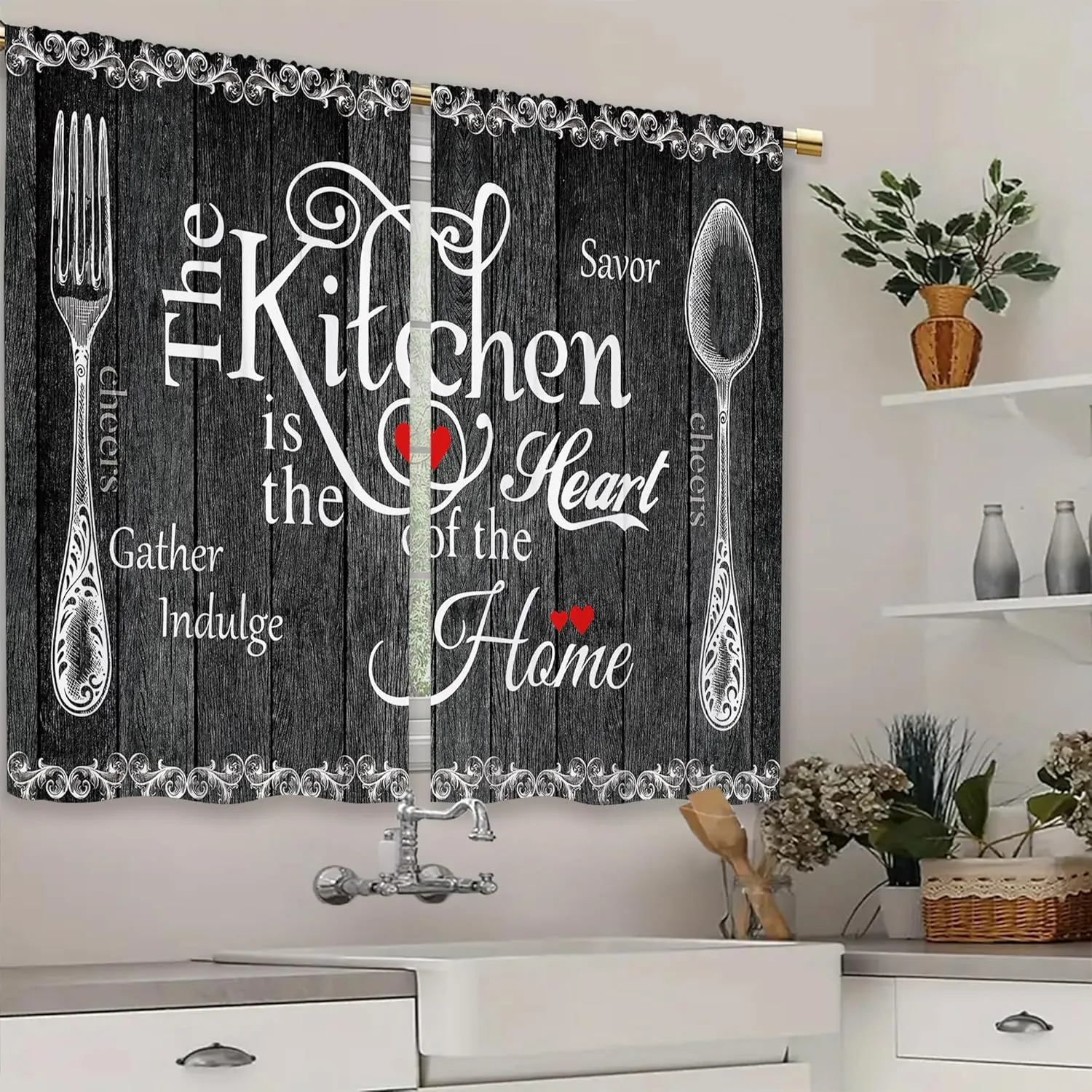 Black Farmhouse Rustic Kitchen Curtains Wooden Wood Small Short Cafe Window Curtains Vintage Fork Spoon RetroBathroom Living Room Bedroom Window Drapes Treatment 2 Panels (26x36 Inch)