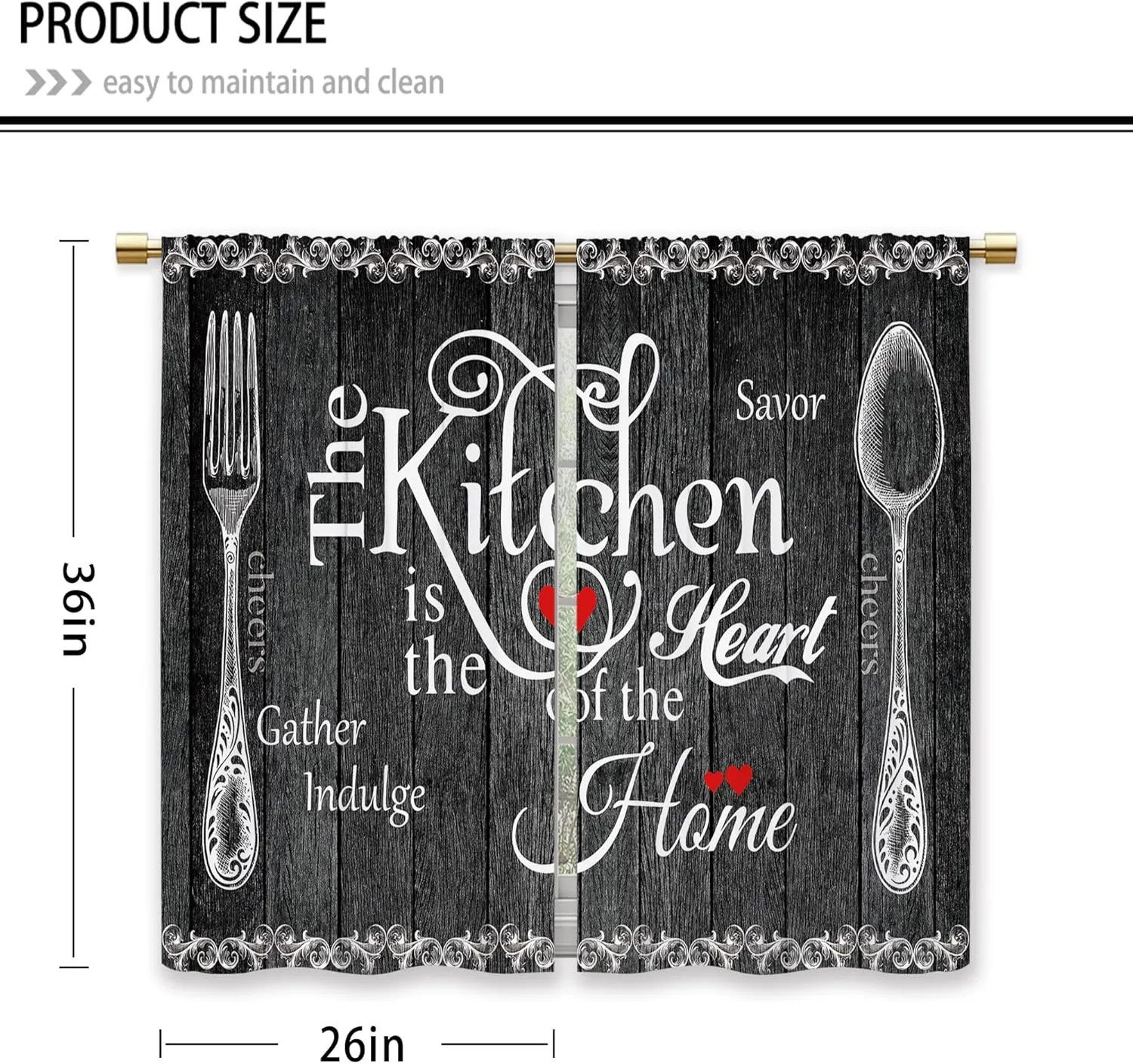 Black Farmhouse Rustic Kitchen Curtains Wooden Wood Small Short Cafe Window Curtains Vintage Fork Spoon RetroBathroom Living Room Bedroom Window Drapes Treatment 2 Panels (26x36 Inch)