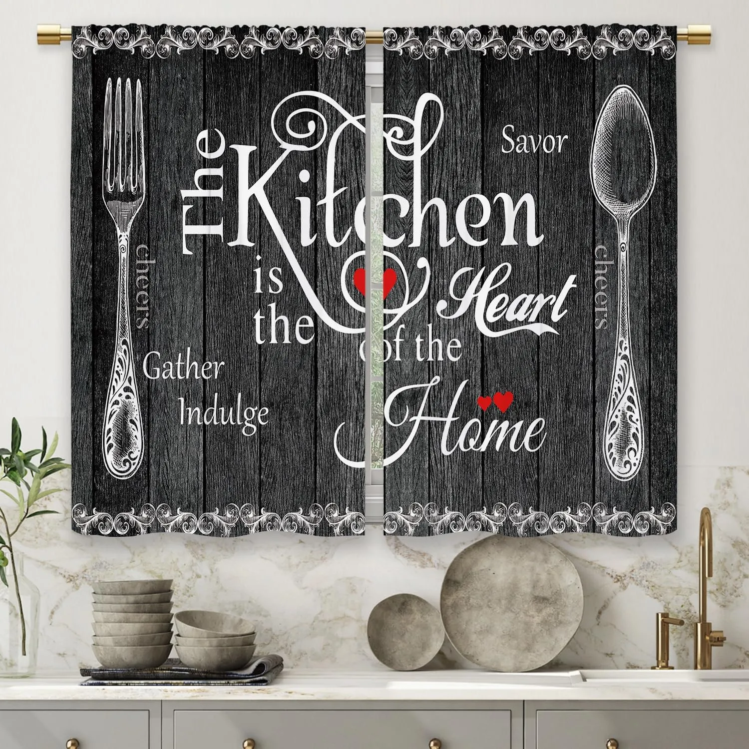 Black Farmhouse Rustic Kitchen Curtains Wooden Wood Small Short Cafe Window Curtains Vintage Fork Spoon RetroBathroom Living Room Bedroom Window Drapes Treatment 2 Panels (26x36 Inch)