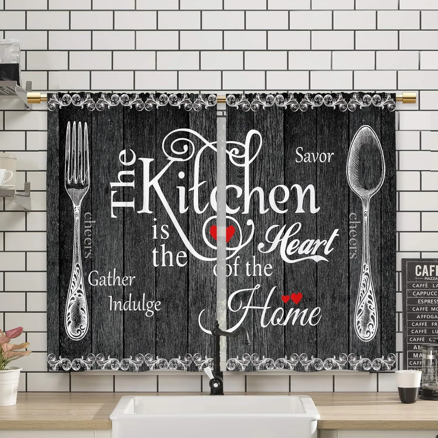 Black Farmhouse Rustic Kitchen Curtains Wooden Wood Small Short Cafe Window Curtains Vintage Fork Spoon RetroBathroom Living Room Bedroom Window Drapes Treatment 2 Panels (26x36 Inch)