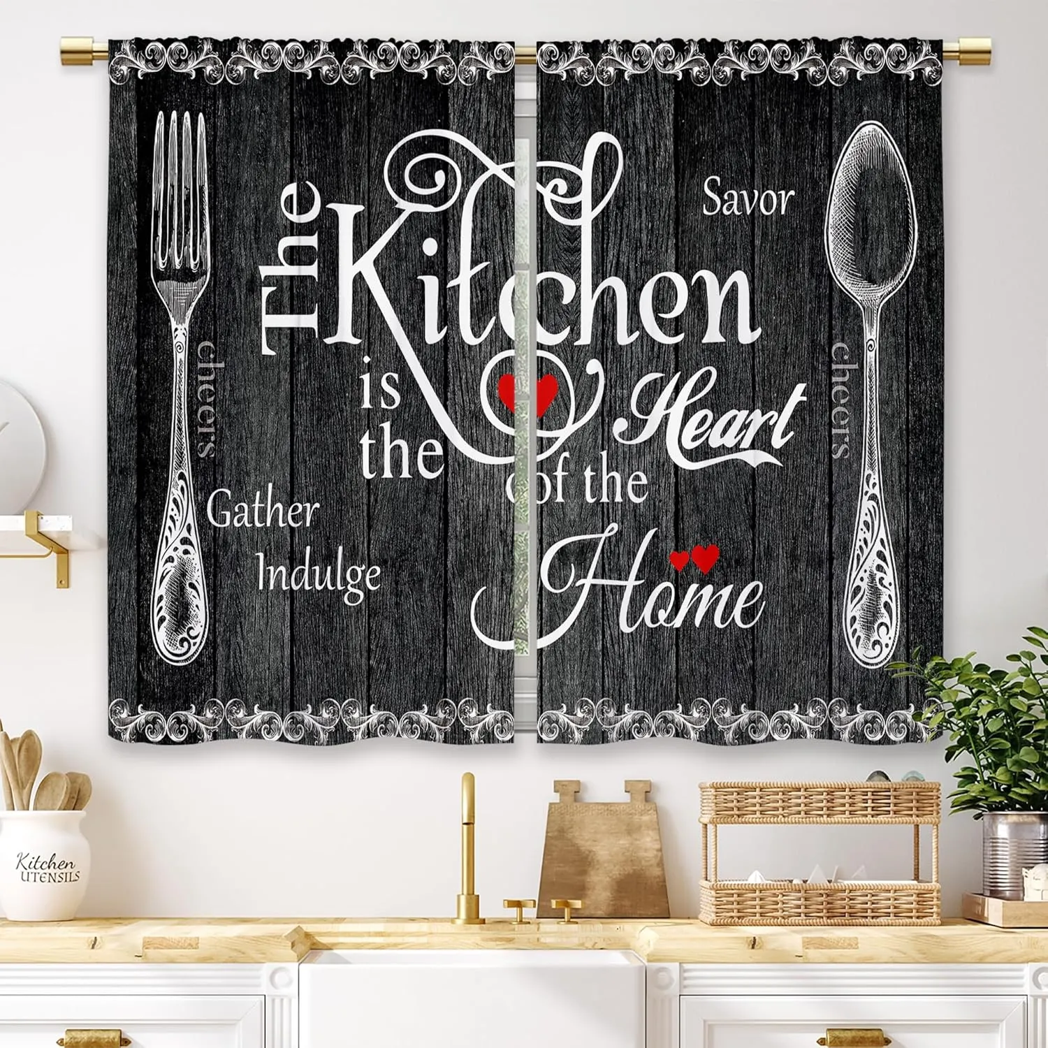 Black Farmhouse Rustic Kitchen Curtains Wooden Wood Small Short Cafe Window Curtains Vintage Fork Spoon RetroBathroom Living Room Bedroom Window Drapes Treatment 2 Panels (26x36 Inch)