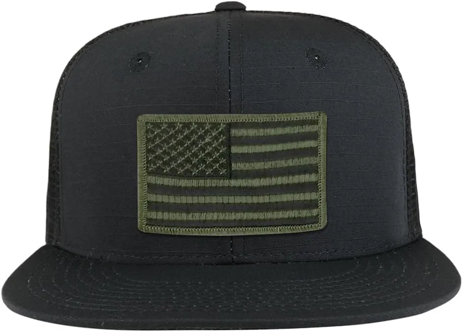 Black Olive American Flag Iron on Patch Flat Bill Ripstop Trucker Mesh Cap
