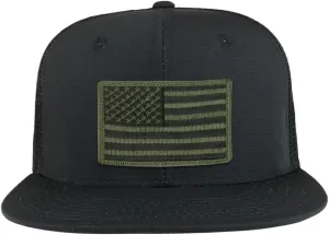 Black Olive American Flag Iron on Patch Flat Bill Ripstop Trucker Mesh Cap
