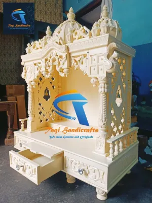 Blackperlcrafts by 54x45x18 Handmade and Heavy Carving Work Wooden Pooja Temple with 3 Drawers and Slide/Temple for Home/South Indian Style/Indian Temple Home