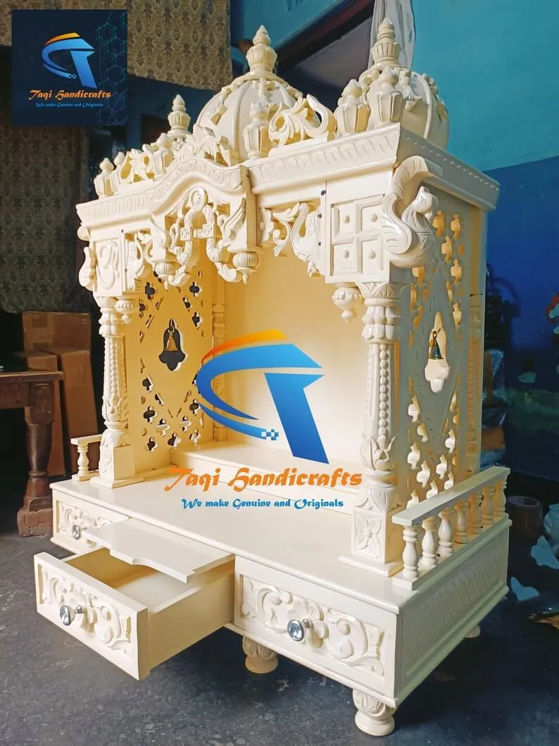 Blackperlcrafts by 54x45x18 Handmade and Heavy Carving Work Wooden Pooja Temple with 3 Drawers and Slide/Temple for Home/South Indian Style/Indian Temple Home