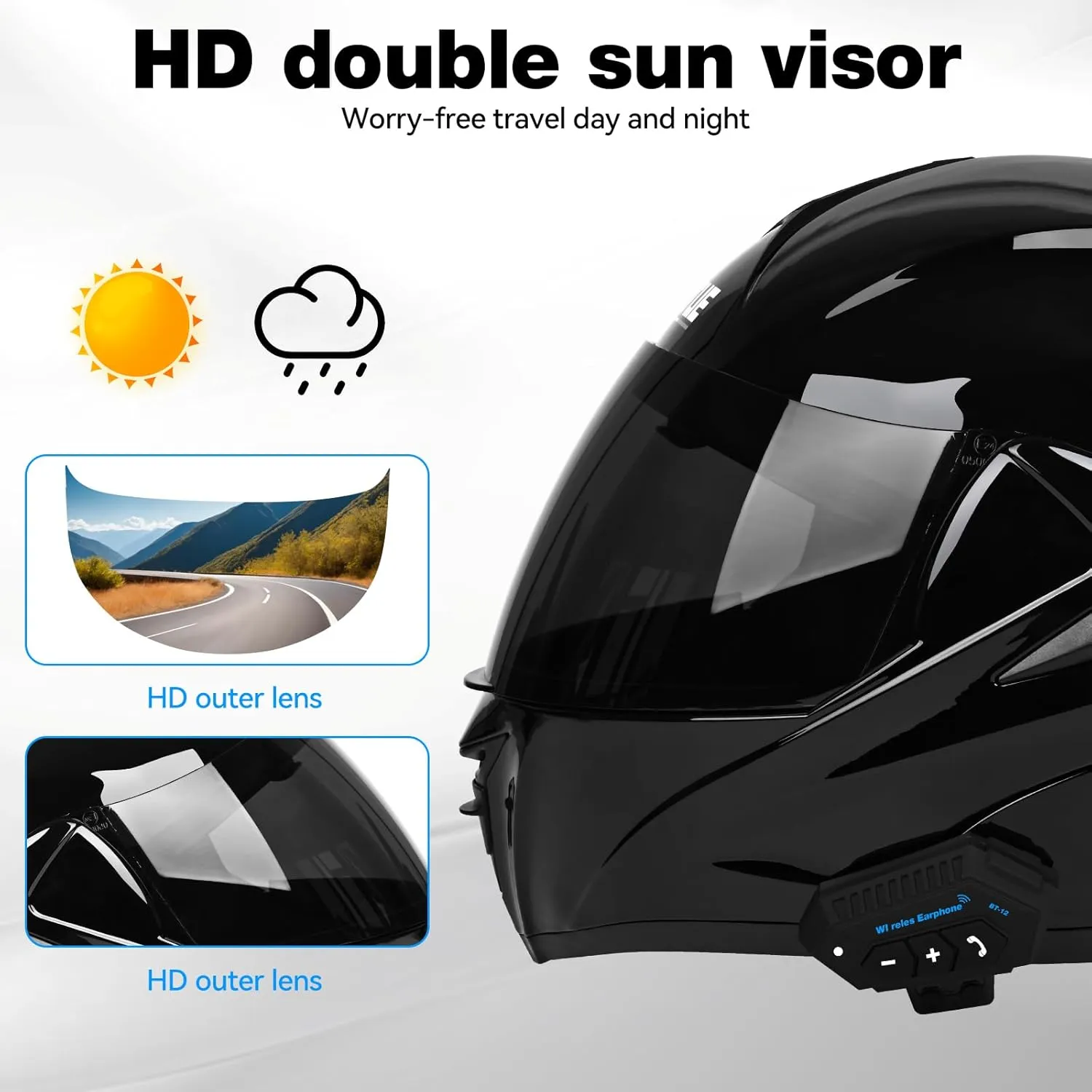Bluetooth Modular Motorcycle Helmet DOT/ECE Approved Full Face Flip up Anti-Fog Double Visor Helmet Built-in Dual Speaker with Microphone for Adult Men and Women