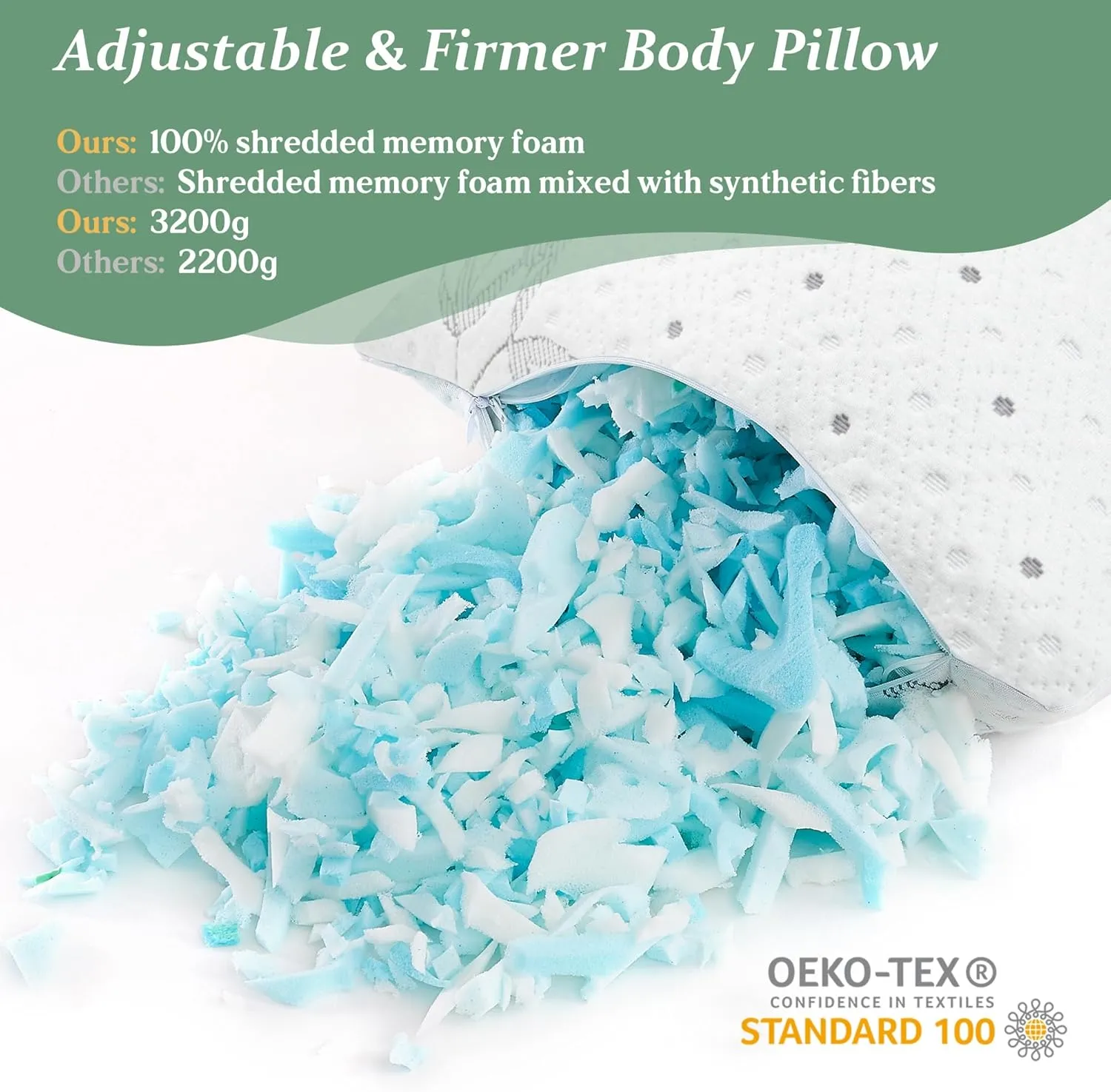 Body Pillow Firmer 3200g 100% Shredded Memory Foam Body Pillows for Adults Side Sleeper Pregnancy Full Body Pillow 20x54 inch Adjustable with Washable Viscose Made from Bamboo Cover