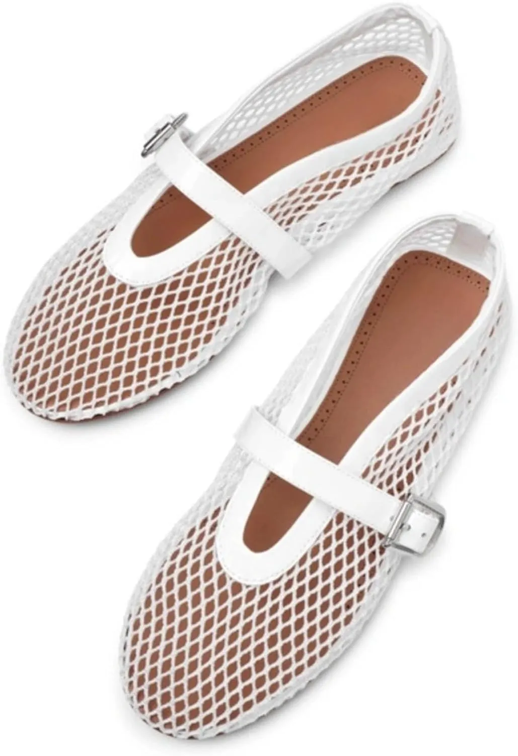 Buckle Strap Mesh Ballet Flats for Womens, Mary Jane Round Toe Slip On Dress Ballerinas Soft Shoes