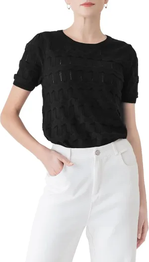 Cable Stitch Women's Ripple Stitch Short Sleeve Sweater - Crewneck Pointelle Knit Cotton Pullover Top