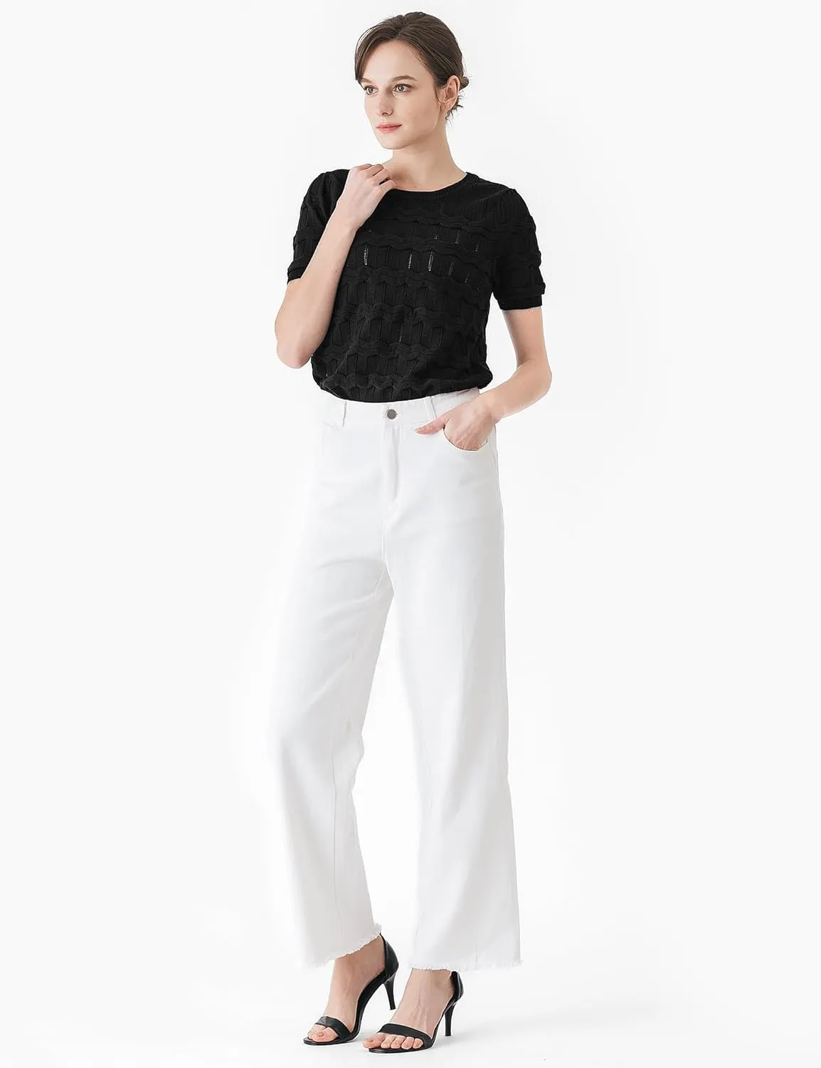 Cable Stitch Women's Ripple Stitch Short Sleeve Sweater - Crewneck Pointelle Knit Cotton Pullover Top