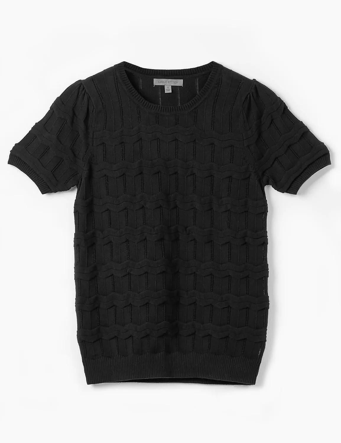Cable Stitch Women's Ripple Stitch Short Sleeve Sweater - Crewneck Pointelle Knit Cotton Pullover Top