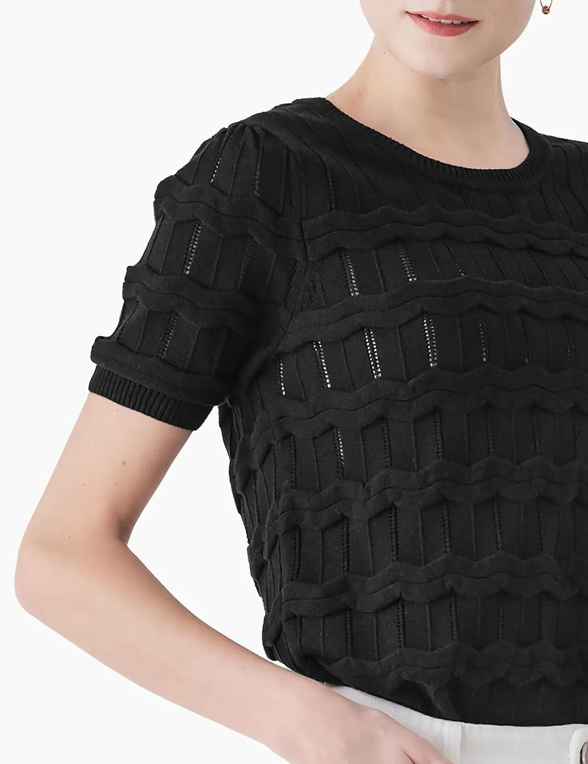 Cable Stitch Women's Ripple Stitch Short Sleeve Sweater - Crewneck Pointelle Knit Cotton Pullover Top