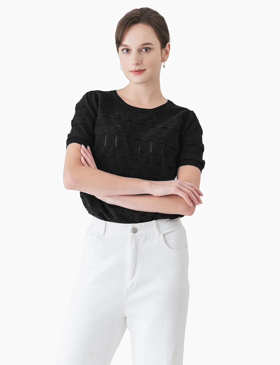 Cable Stitch Women's Ripple Stitch Short Sleeve Sweater - Crewneck Pointelle Knit Cotton Pullover Top