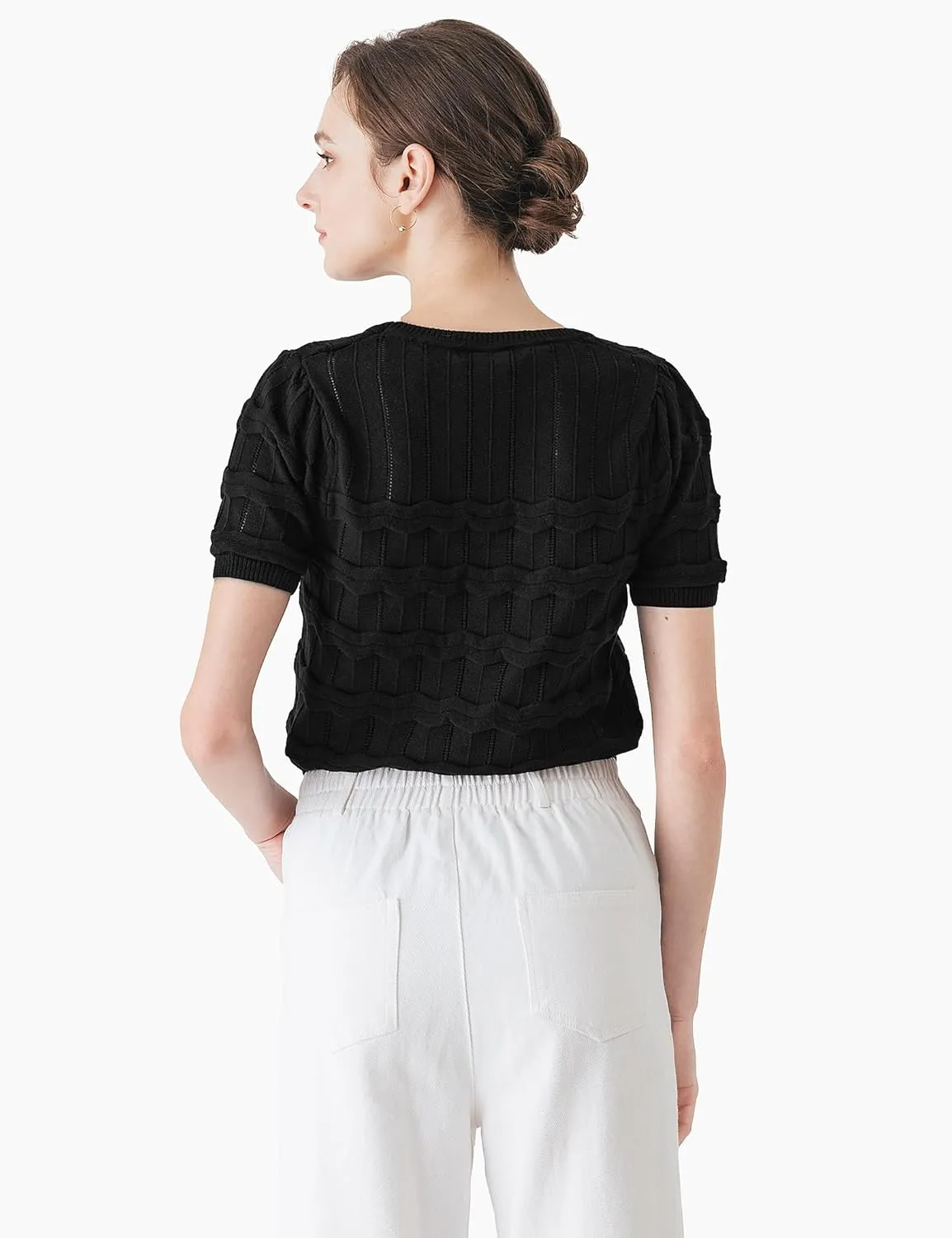 Cable Stitch Women's Ripple Stitch Short Sleeve Sweater - Crewneck Pointelle Knit Cotton Pullover Top
