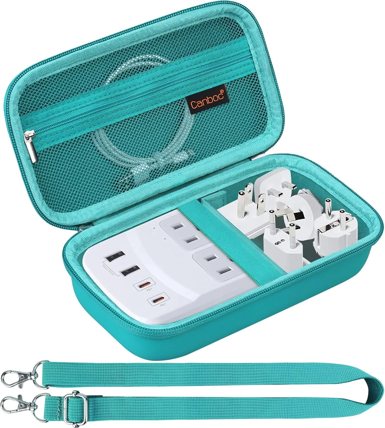 Canboc Carrying Case for Ceptics Universal Travel Adapter Kit, World Travel Adapter Kit Box with Removable Shoulder Strap, Zipper Mesh Bag fit USB Cable, Turquoise (Case Only)
