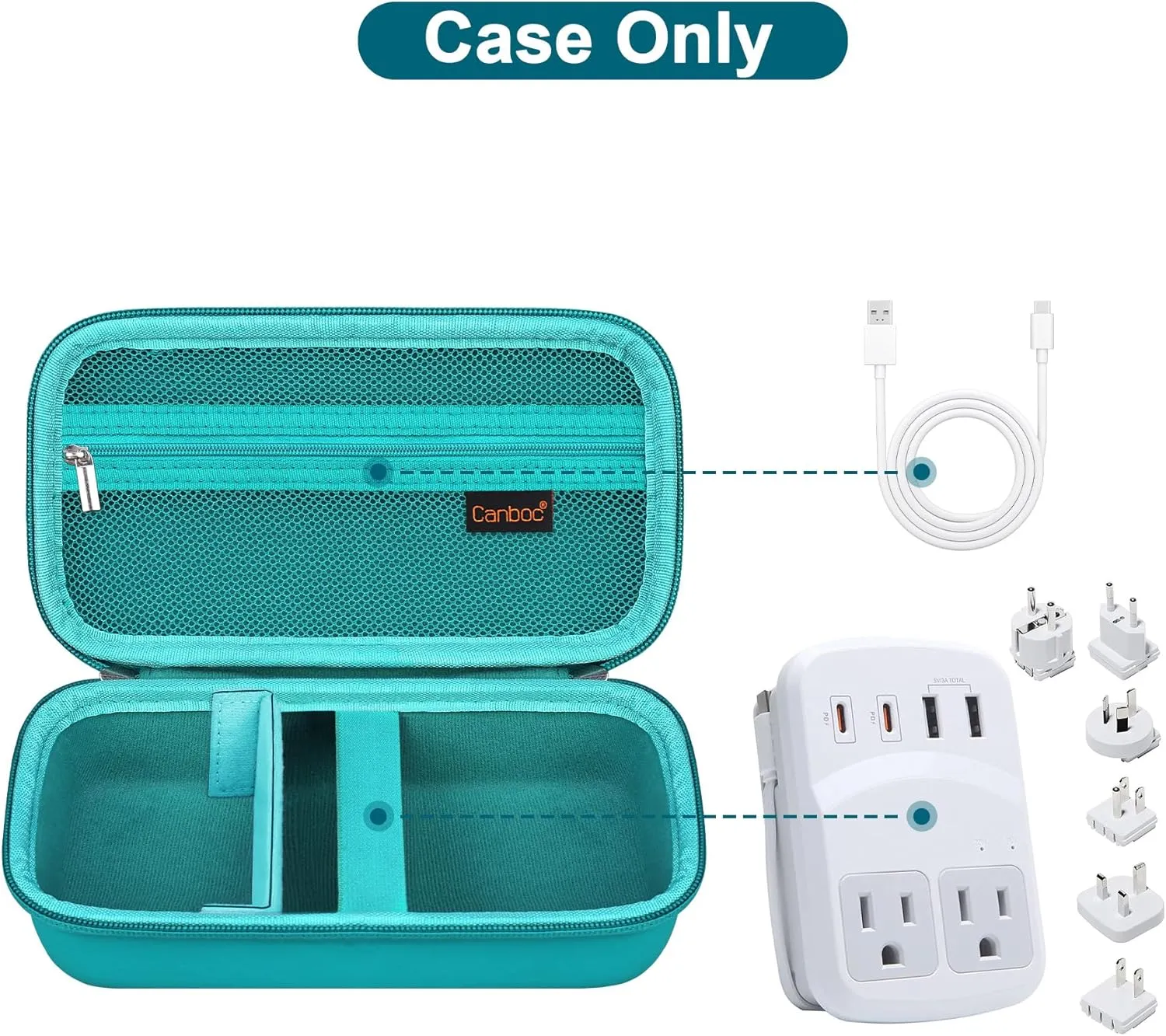 Canboc Carrying Case for Ceptics Universal Travel Adapter Kit, World Travel Adapter Kit Box with Removable Shoulder Strap, Zipper Mesh Bag fit USB Cable, Turquoise (Case Only)
