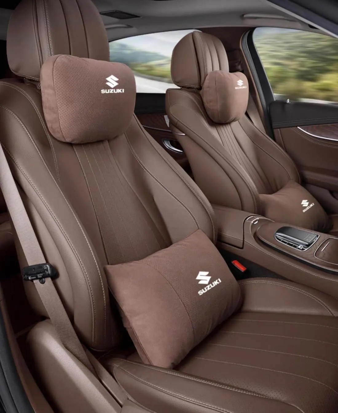 Car Headrest and Lumbar Support Cushion for Suzuki Vitra Tianyu SX4 Swift Alto, Neck Pillow Lumbar Support Pillow with Adjustable Strap Breathable Comfortable Removable,2PCS-C Brown