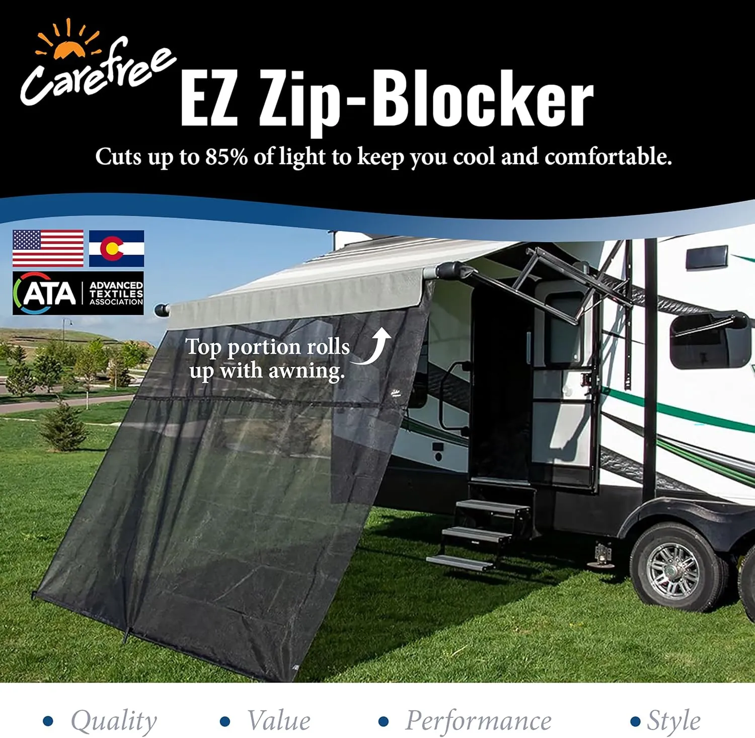 Carefree Of Colorado Drop RV Awning EZ ZipBlocker - Black Mesh RV Awning Shade Screen, Canopy Sun Blocker, Camper Accessory for Front Patio (15' x 9')