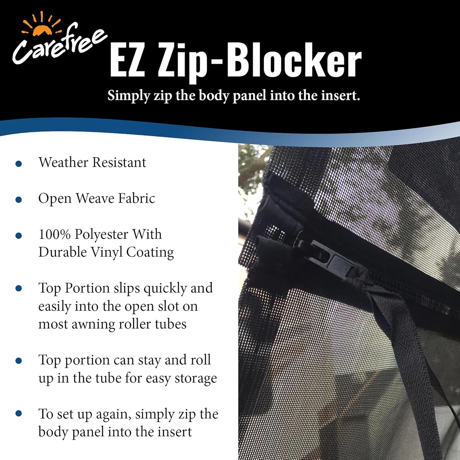 Carefree Of Colorado Drop RV Awning EZ ZipBlocker - Black Mesh RV Awning Shade Screen, Canopy Sun Blocker, Camper Accessory for Front Patio (15' x 9')