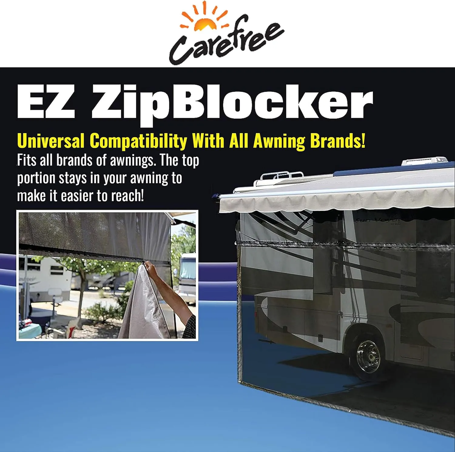Carefree Of Colorado Drop RV Awning EZ ZipBlocker - Black Mesh RV Awning Shade Screen, Canopy Sun Blocker, Camper Accessory for Front Patio (15' x 9')