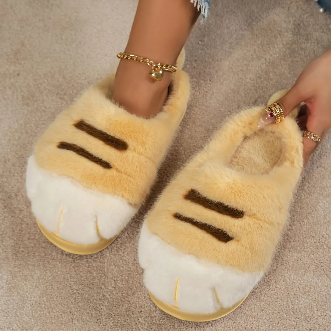 Cat Paw Slippers, Winter Warm Platform Cat Feet Slippers, Cute Fluffy Animal Cat Paw Slippers for Women