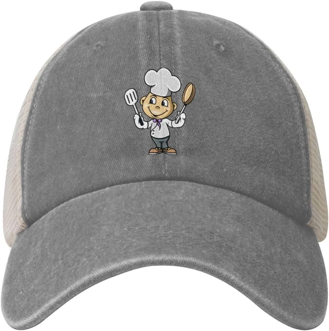 Chef with Spatula and Frying Pan Baseball Cap Women Men Mesh Back Denim Hat Vintage Trucker Hats Dad Caps