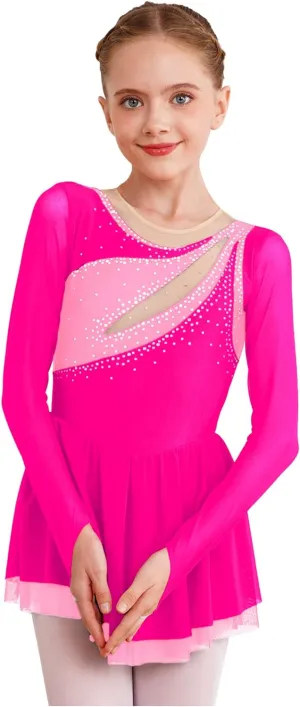 CHICTRY Figure Skating Dress Girls Long Sleeve Patchwork Ballet Dress Leotard with Wrap Skirt Outfit