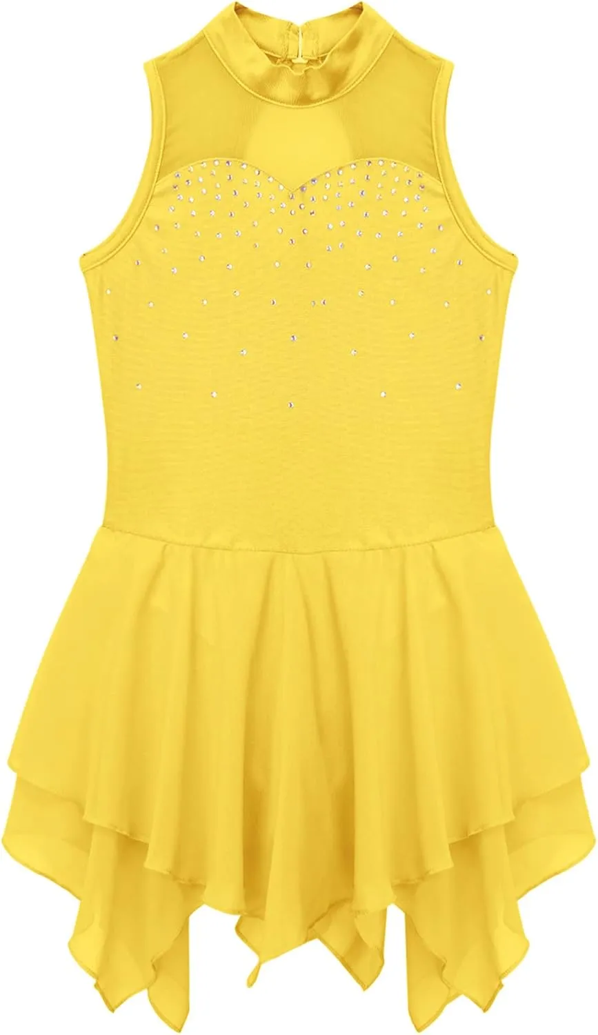 CHICTRY Kids Girls Mock Neck Sleeveless Ballet Dance Leotard Dress Shiny Rhinestone Figure Ice Skating Dresses