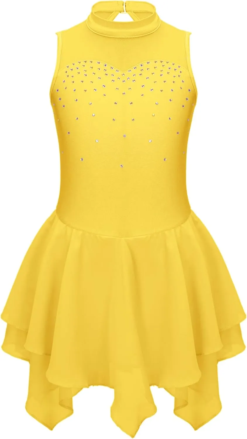CHICTRY Kids Girls Mock Neck Sleeveless Ballet Dance Leotard Dress Shiny Rhinestone Figure Ice Skating Dresses