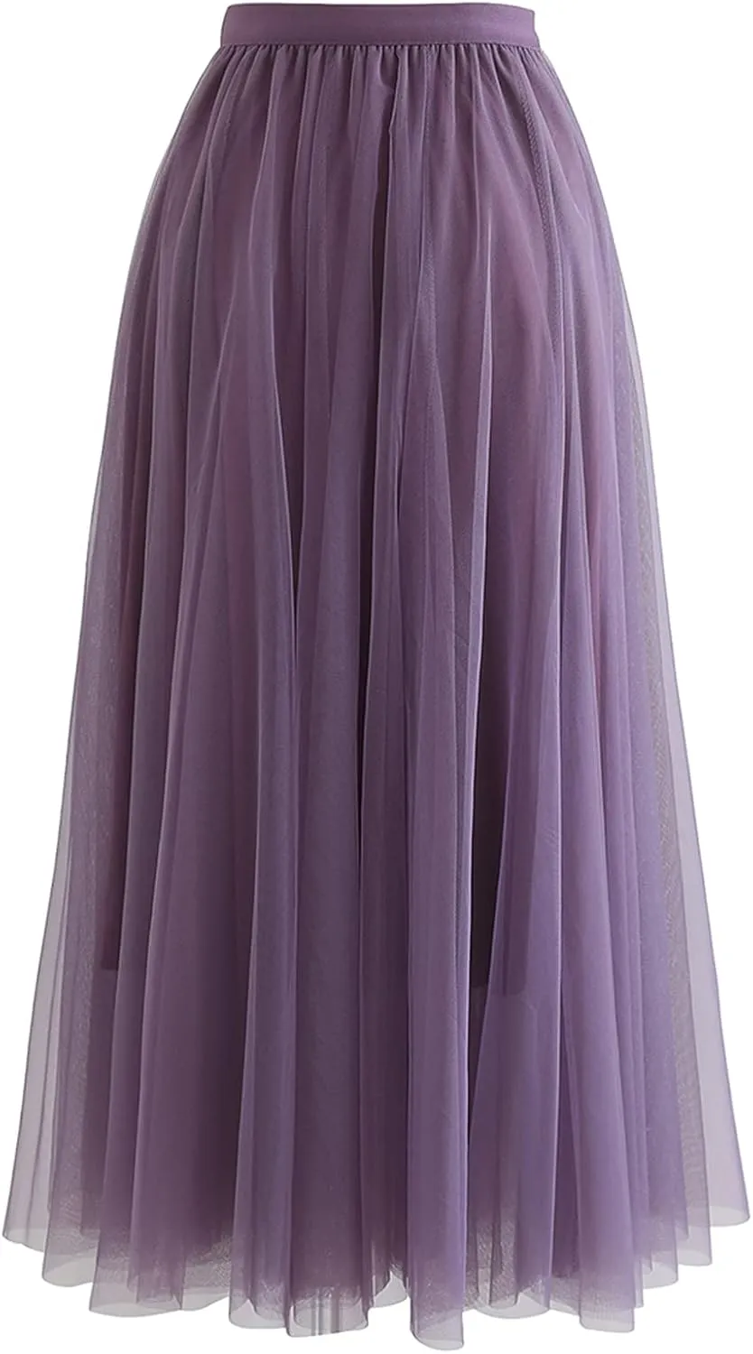 CHICWISH Women's Lilac/Cream/Grey/Pink/Black Layered Mesh Ballet Prom Party Tulle Tutu A-Line Maxi Skirt