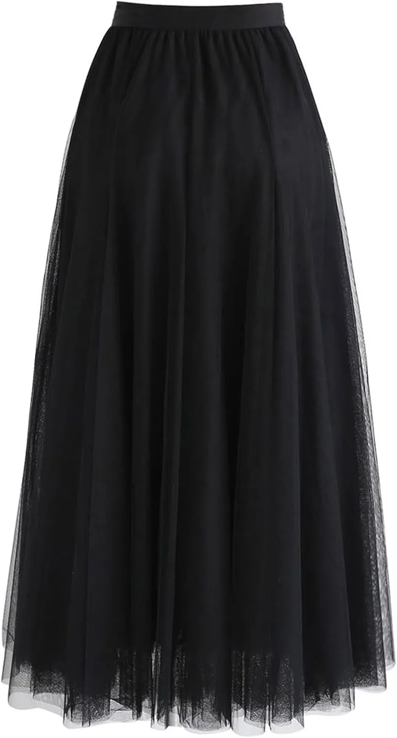 CHICWISH Women's Lilac/Cream/Grey/Pink/Black Layered Mesh Ballet Prom Party Tulle Tutu A-Line Maxi Skirt