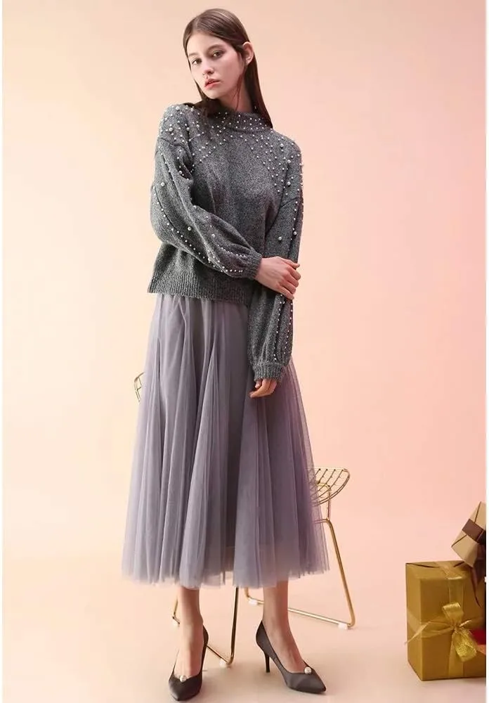 CHICWISH Women's Lilac/Cream/Grey/Pink/Black Layered Mesh Ballet Prom Party Tulle Tutu A-Line Maxi Skirt