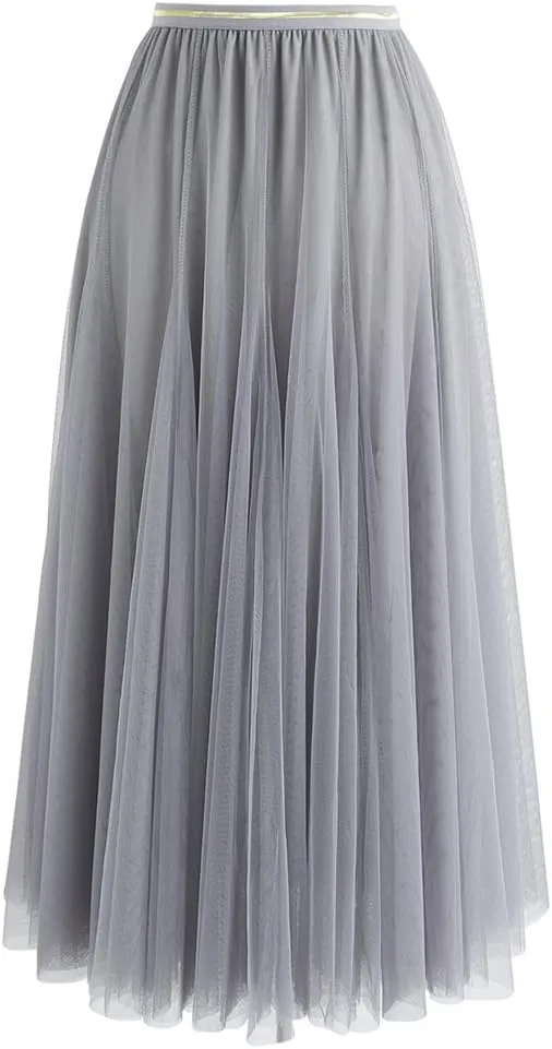 CHICWISH Women's Lilac/Cream/Grey/Pink/Black Layered Mesh Ballet Prom Party Tulle Tutu A-Line Maxi Skirt