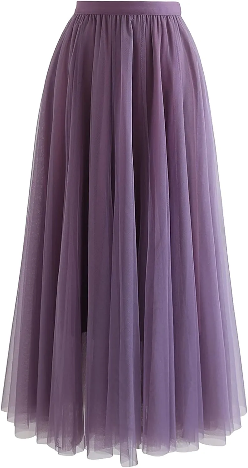 CHICWISH Women's Lilac/Cream/Grey/Pink/Black Layered Mesh Ballet Prom Party Tulle Tutu A-Line Maxi Skirt
