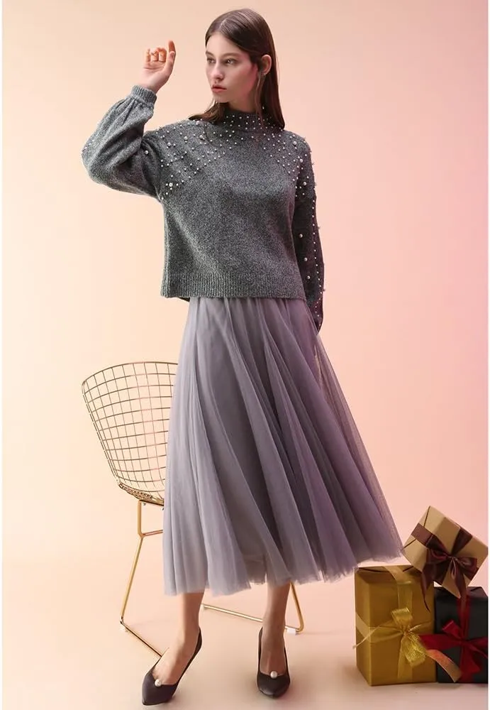 CHICWISH Women's Lilac/Cream/Grey/Pink/Black Layered Mesh Ballet Prom Party Tulle Tutu A-Line Maxi Skirt